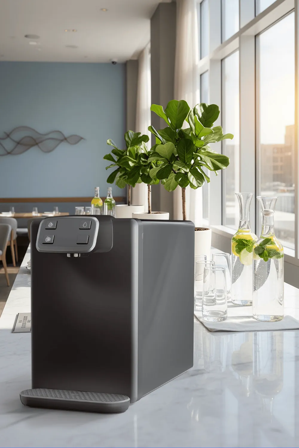 Dispensador de água filtrada para restaurantes Rebel 301, em cima de uma bancada de um espaço Horeca.